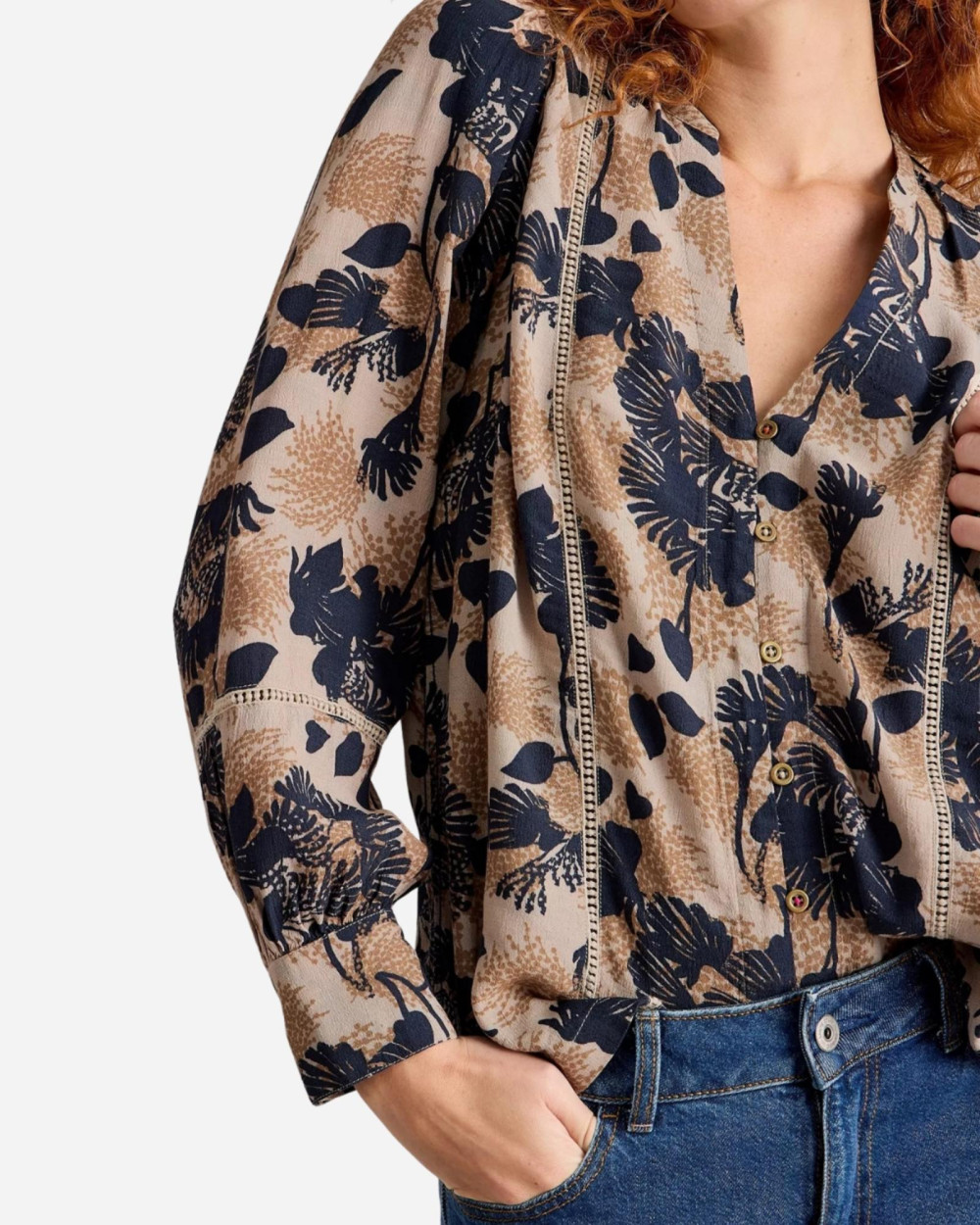 Blouse Femme à Fleurs Marron En Polyester - Taille 42, Manches Longues, Occasion Très Bon état